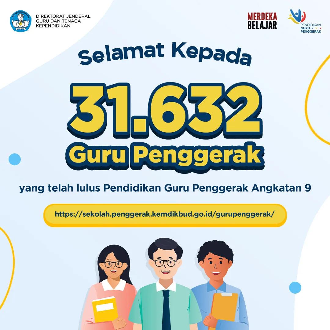 Setelah menjalani rangkaian Program Pendidikan Guru Penggerak angkatan 9, sebanyak 31.632 Calon Guru Penggerak berhasil lulus menjadi Guru Penggerak yang siap menjadi pemimpin pendidikan di Indonesia.